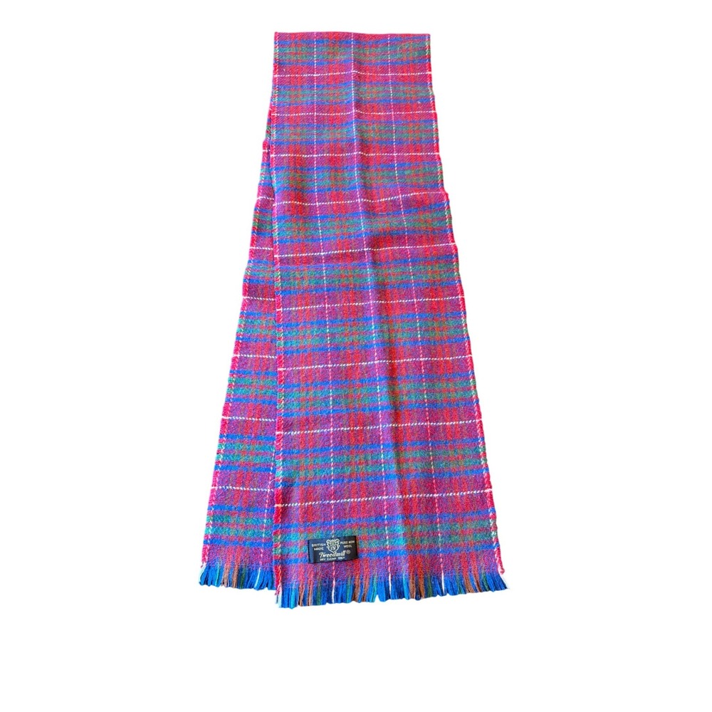 Tweedmill‎ Scarf Red Blue Plaid Pure New Wool British Made Tartan Fringed Winter